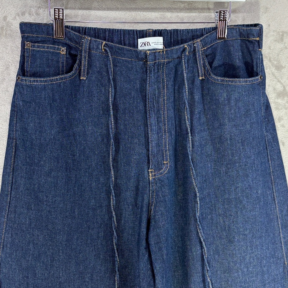 Zara Dark Denim Elastic Waist Wide Leg Light Weight Jeans Size 10 - Picture 3 of 9